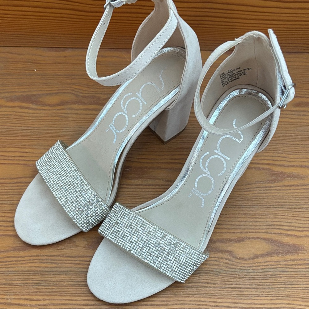 Sugar sandals. Ankle strap. Rhinestone. Nude. 3” heel. Size 7.5. Like new